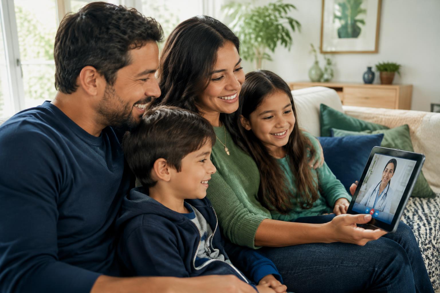 Família conversando com uma médica por videochamada