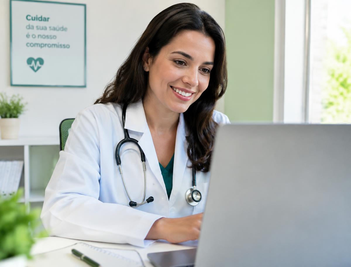 Médica atendendo por telemedicina