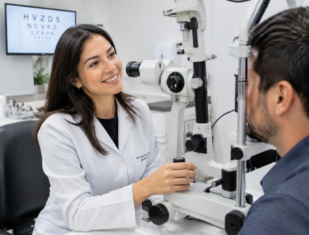 Optometrista realizando exame de visão